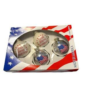 Patriotic Glass Christmas Ornaments Set Of 4 “God Bless America” Made In USA 2.5